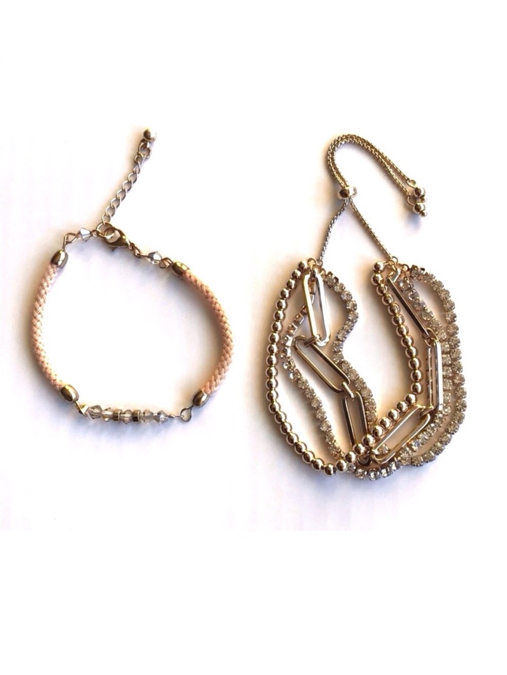 2 Bracelets - Boho Gold Tone Layered Rhinestone Tennis Chain Bracelets